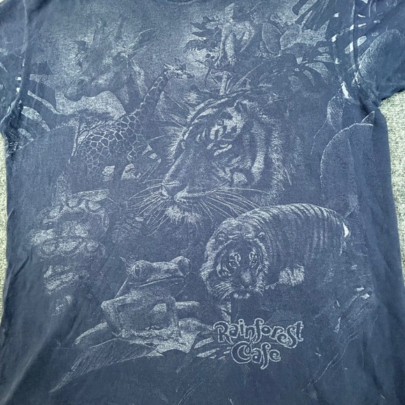 Rainforest Cafe Vintage Graphic T-Shirt Navy Blue Jungle Animal Print Mens XL - Picture 2 of 6